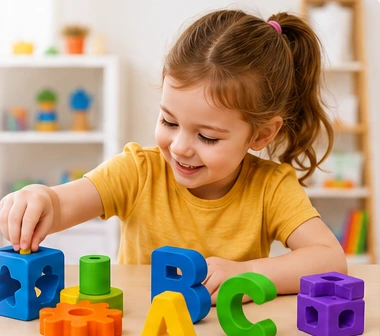 Imagem conceitual de uma criança explorando formas e letras coloridas.